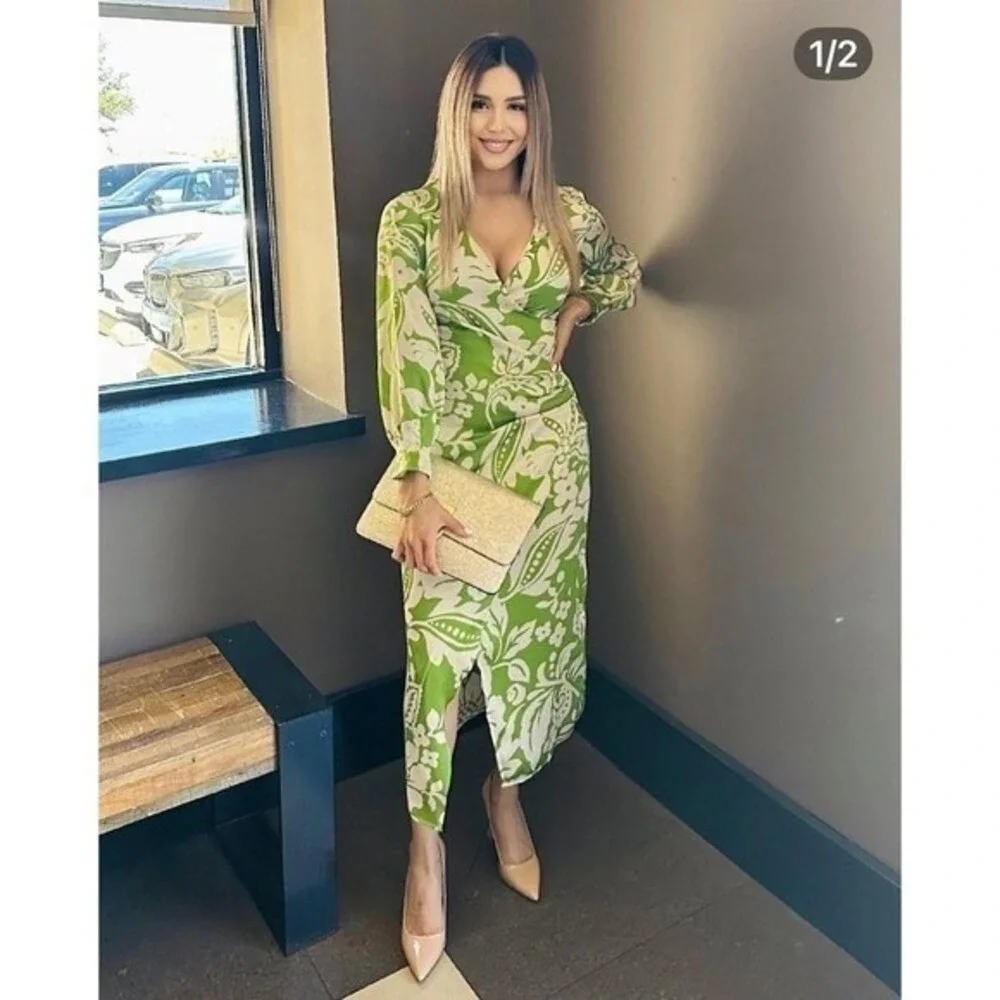 Zara Green Wrap Dress Wedding‎ Guest Cocktail Summer Event Dress Size M